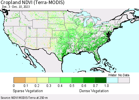 United States Cropland NDVI (Terra-MODIS) Thematic Map For 12/3/2023 - 12/10/2023