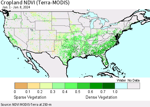 United States Cropland NDVI (Terra-MODIS) Thematic Map For 1/1/2024 - 1/8/2024