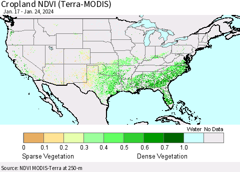United States Cropland NDVI (Terra-MODIS) Thematic Map For 1/17/2024 - 1/24/2024
