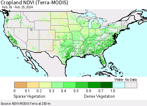 United States Cropland NDVI (Terra-MODIS) Thematic Map For 2/18/2024 - 2/25/2024