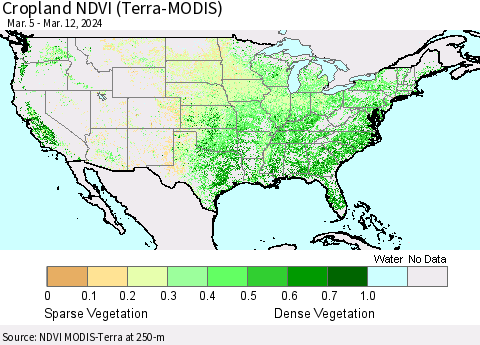 United States Cropland NDVI (Terra-MODIS) Thematic Map For 3/5/2024 - 3/12/2024