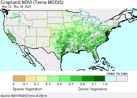 United States Cropland NDVI (Terra-MODIS) Thematic Map For 3/21/2024 - 3/28/2024
