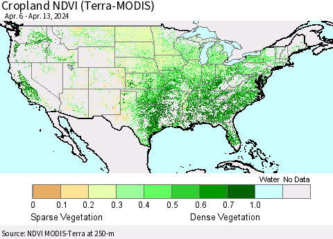 United States Cropland NDVI (Terra-MODIS) Thematic Map For 4/6/2024 - 4/13/2024