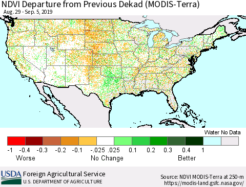 United States NDVI Departure from Previous Dekad (Terra-MODIS) Thematic Map For 9/1/2019 - 9/10/2019