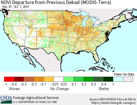 United States NDVI Departure from Previous Dekad (Terra-MODIS) Thematic Map For 10/1/2019 - 10/10/2019