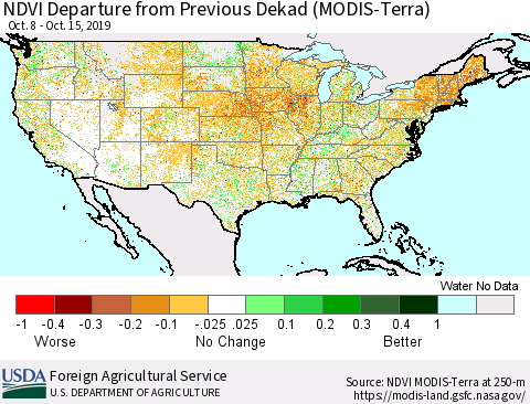 United States NDVI Departure from Previous Dekad (Terra-MODIS) Thematic Map For 10/11/2019 - 10/20/2019