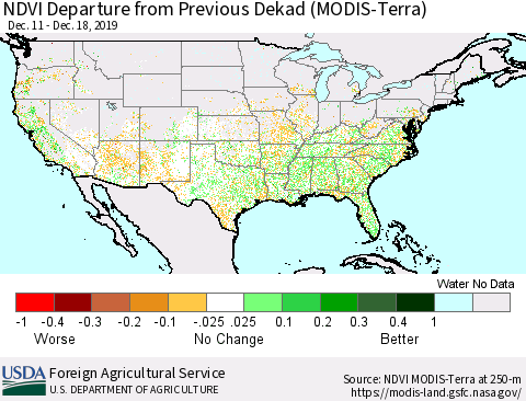 United States NDVI Departure from Previous Dekad (Terra-MODIS) Thematic Map For 12/11/2019 - 12/20/2019