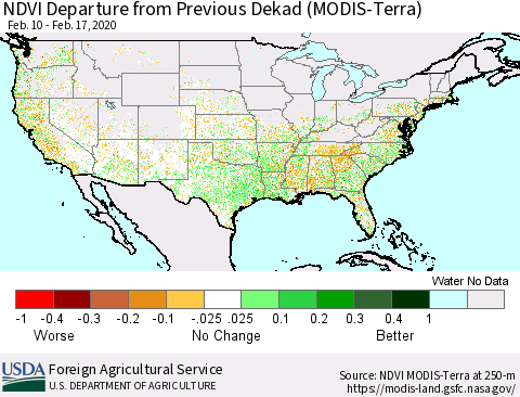 United States NDVI Departure from Previous Dekad (Terra-MODIS) Thematic Map For 2/11/2020 - 2/20/2020