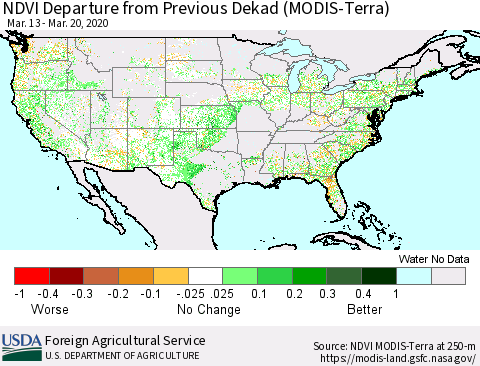United States NDVI Departure from Previous Dekad (Terra-MODIS) Thematic Map For 3/11/2020 - 3/20/2020
