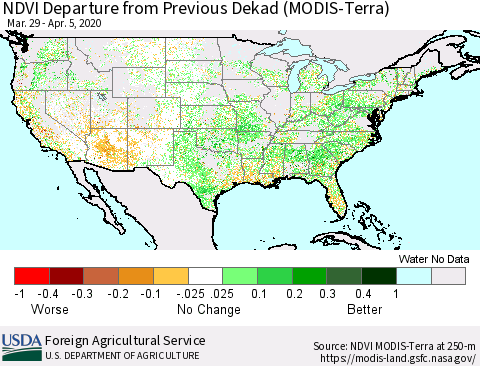 United States NDVI Departure from Previous Dekad (Terra-MODIS) Thematic Map For 4/1/2020 - 4/10/2020