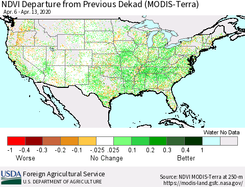 United States NDVI Departure from Previous Dekad (Terra-MODIS) Thematic Map For 4/11/2020 - 4/20/2020