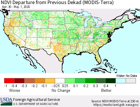 United States NDVI Departure from Previous Dekad (Terra-MODIS) Thematic Map For 5/1/2020 - 5/10/2020