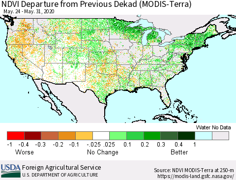 United States NDVI Departure from Previous Dekad (Terra-MODIS) Thematic Map For 5/21/2020 - 5/31/2020