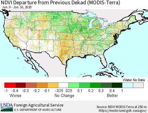 United States NDVI Departure from Previous Dekad (Terra-MODIS) Thematic Map For 6/11/2020 - 6/20/2020