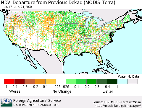 United States NDVI Departure from Previous Dekad (Terra-MODIS) Thematic Map For 6/21/2020 - 6/30/2020
