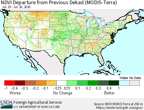 United States NDVI Departure from Previous Dekad (Terra-MODIS) Thematic Map For 7/21/2020 - 7/31/2020