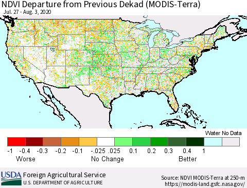 United States NDVI Departure from Previous Dekad (Terra-MODIS) Thematic Map For 8/1/2020 - 8/10/2020