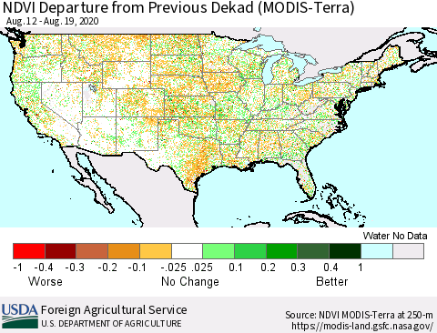 United States NDVI Departure from Previous Dekad (Terra-MODIS) Thematic Map For 8/11/2020 - 8/20/2020