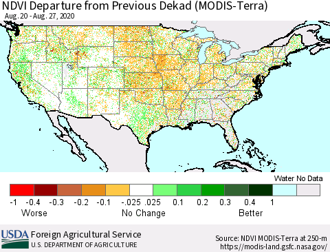 United States NDVI Departure from Previous Dekad (Terra-MODIS) Thematic Map For 8/21/2020 - 8/31/2020