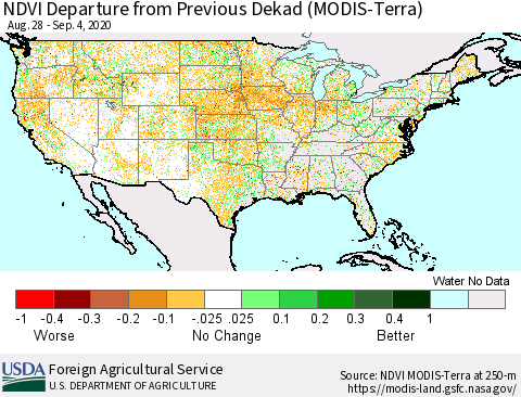 United States NDVI Departure from Previous Dekad (MODIS-Terra) Thematic Map For 9/1/2020 - 9/10/2020
