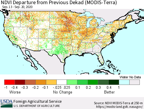 United States NDVI Departure from Previous Dekad (Terra-MODIS) Thematic Map For 9/11/2020 - 9/20/2020