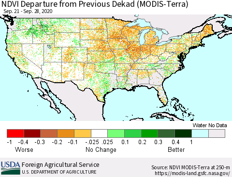 United States NDVI Departure from Previous Dekad (MODIS-Terra) Thematic Map For 9/21/2020 - 9/30/2020