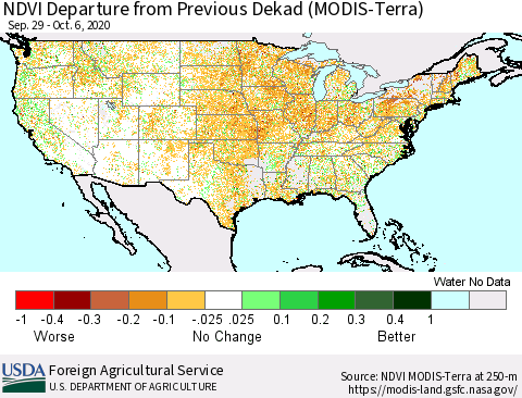 United States NDVI Departure from Previous Dekad (Terra-MODIS) Thematic Map For 10/1/2020 - 10/10/2020
