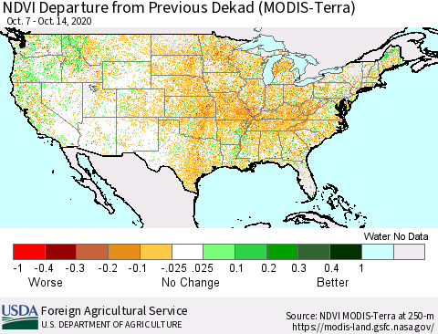 United States NDVI Departure from Previous Dekad (MODIS-Terra) Thematic Map For 10/11/2020 - 10/20/2020