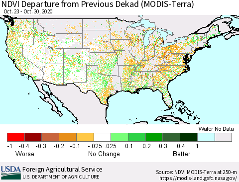 United States NDVI Departure from Previous Dekad (MODIS-Terra) Thematic Map For 10/21/2020 - 10/31/2020