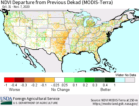 United States NDVI Departure from Previous Dekad (Terra-MODIS) Thematic Map For 11/1/2020 - 11/10/2020
