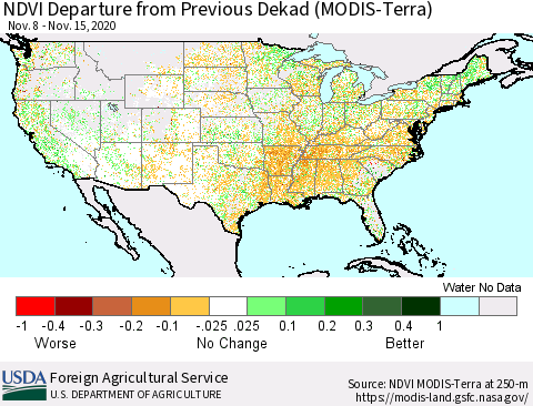 United States NDVI Departure from Previous Dekad (Terra-MODIS) Thematic Map For 11/11/2020 - 11/20/2020