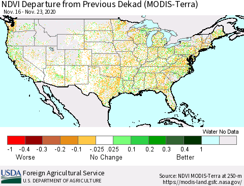 United States NDVI Departure from Previous Dekad (MODIS-Terra) Thematic Map For 11/21/2020 - 11/30/2020