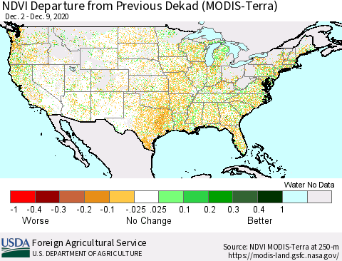 United States NDVI Departure from Previous Dekad (Terra-MODIS) Thematic Map For 12/1/2020 - 12/10/2020