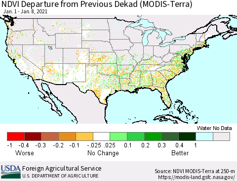 United States NDVI Departure from Previous Dekad (Terra-MODIS) Thematic Map For 1/1/2021 - 1/10/2021