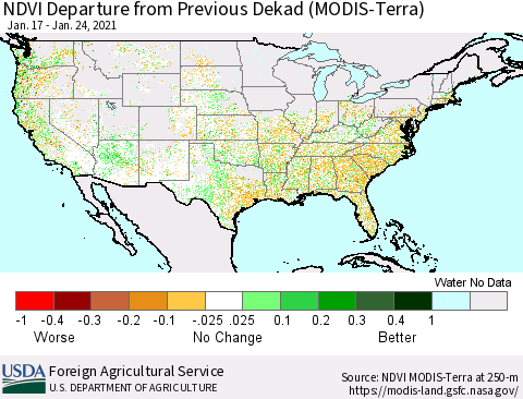 United States NDVI Departure from Previous Dekad (Terra-MODIS) Thematic Map For 1/21/2021 - 1/31/2021