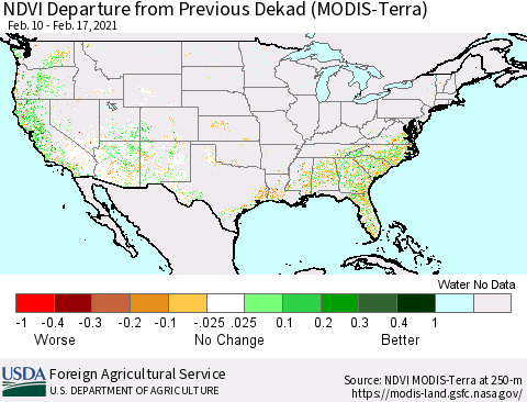 United States NDVI Departure from Previous Dekad (Terra-MODIS) Thematic Map For 2/11/2021 - 2/20/2021