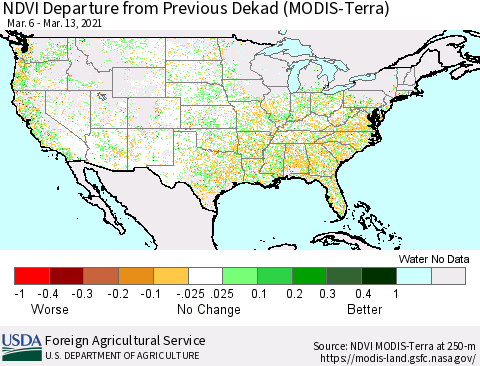 United States NDVI Departure from Previous Dekad (MODIS-Terra) Thematic Map For 3/11/2021 - 3/20/2021