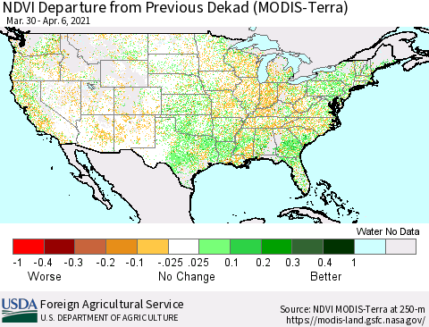 United States NDVI Departure from Previous Dekad (Terra-MODIS) Thematic Map For 4/1/2021 - 4/10/2021