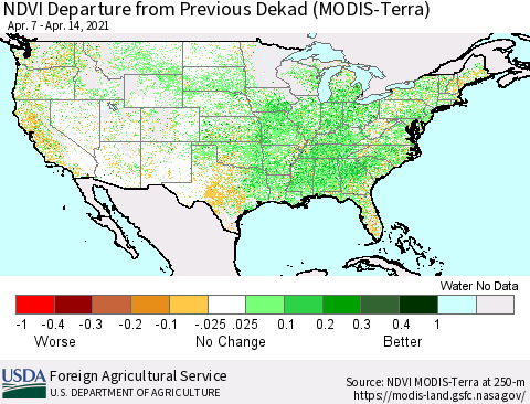 United States NDVI Departure from Previous Dekad (MODIS-Terra) Thematic Map For 4/11/2021 - 4/20/2021
