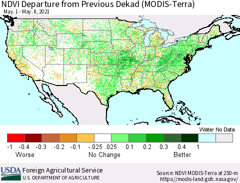 United States NDVI Departure from Previous Dekad (MODIS-Terra) Thematic Map For 5/1/2021 - 5/10/2021