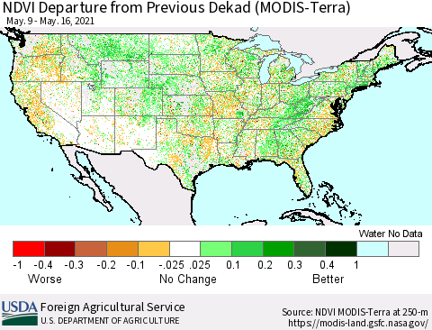 United States NDVI Departure from Previous Dekad (Terra-MODIS) Thematic Map For 5/11/2021 - 5/20/2021
