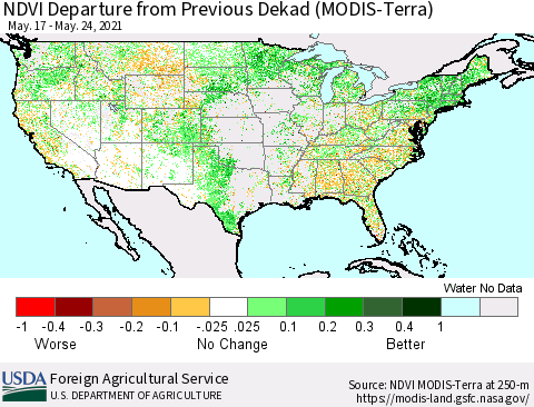 United States NDVI Departure from Previous Dekad (Terra-MODIS) Thematic Map For 5/21/2021 - 5/31/2021