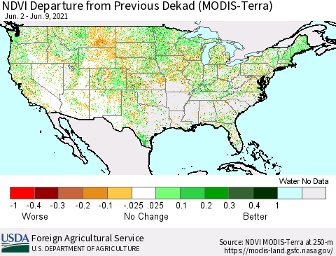 United States NDVI Departure from Previous Dekad (MODIS-Terra) Thematic Map For 6/1/2021 - 6/10/2021