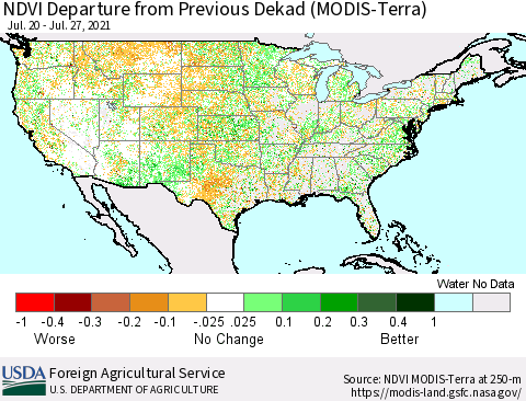 United States NDVI Departure from Previous Dekad (Terra-MODIS) Thematic Map For 7/21/2021 - 7/31/2021