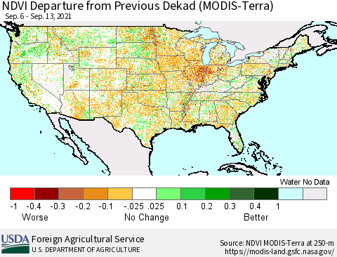 United States NDVI Departure from Previous Dekad (Terra-MODIS) Thematic Map For 9/11/2021 - 9/20/2021