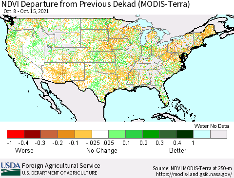 United States NDVI Departure from Previous Dekad (Terra-MODIS) Thematic Map For 10/11/2021 - 10/20/2021