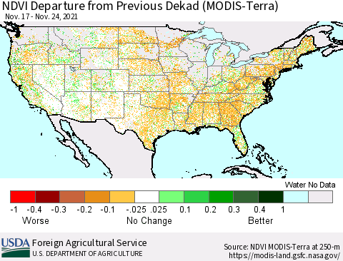United States NDVI Departure from Previous Dekad (Terra-MODIS) Thematic Map For 11/21/2021 - 11/30/2021