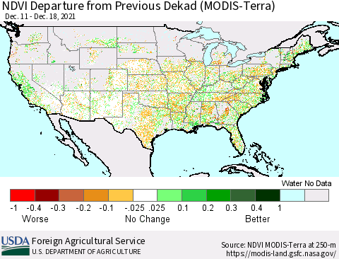 United States NDVI Departure from Previous Dekad (Terra-MODIS) Thematic Map For 12/11/2021 - 12/20/2021