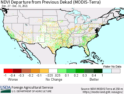 United States NDVI Departure from Previous Dekad (Terra-MODIS) Thematic Map For 12/21/2021 - 12/31/2021