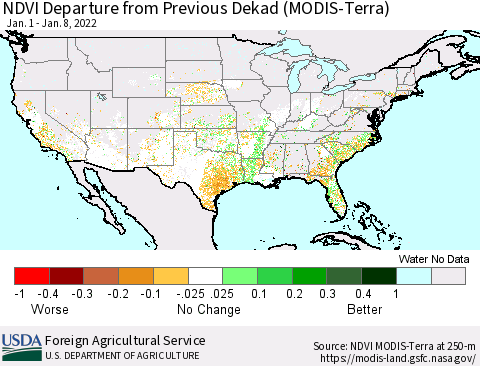 United States NDVI Departure from Previous Dekad (Terra-MODIS) Thematic Map For 1/1/2022 - 1/10/2022